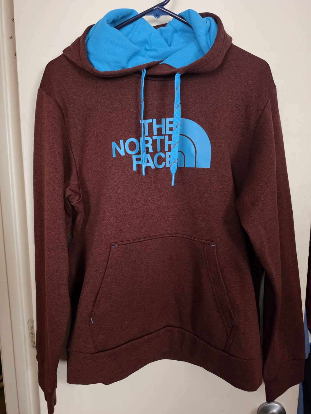 The North Face Maroon Hoodie with Bright Blue Accents